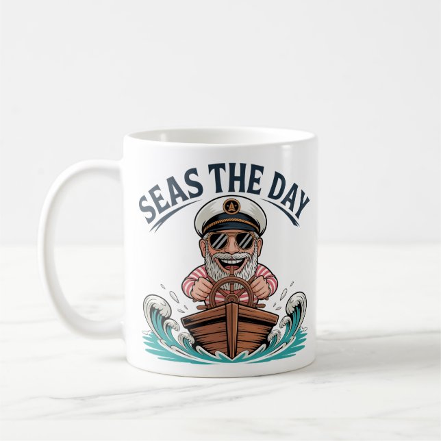 Funny Captain Design Seas the Day Nautical  Coffee Mug (Left)