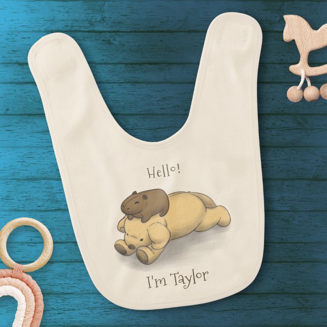 Funny Capybara and Puppy Name Pink Baby Bib (Check out our capy and puppy baby bib sayings "Hello! I'm ...")