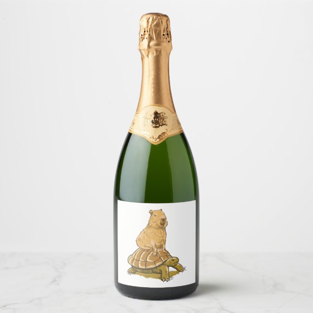 Funny Capybara Animal Turtle Cute Capybara Sparkling Wine Label (Front)