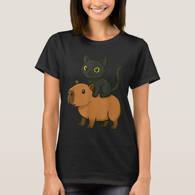 Funny Capybara Black Cat Animal Lover Mom Dad Kids T-Shirt (Front)