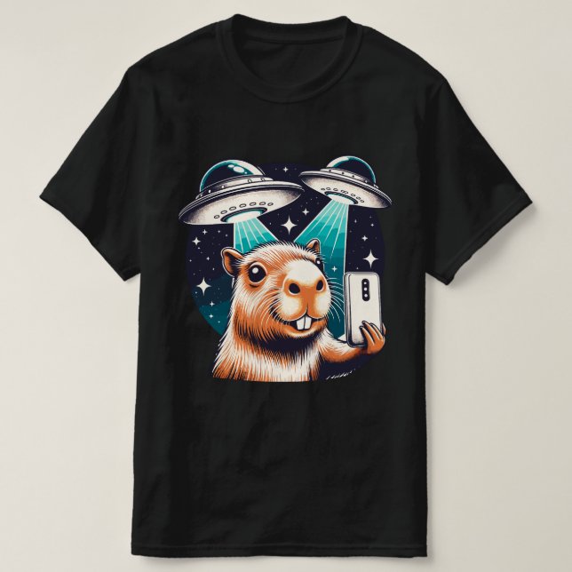 Funny Capybara ,Capybara Selfie with UFOs T-Shirt (Design Front)