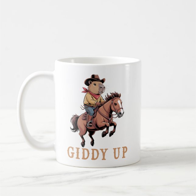 Funny Capybara Cowboy Riding Horse Giddy Up Coffee Mug (Left)