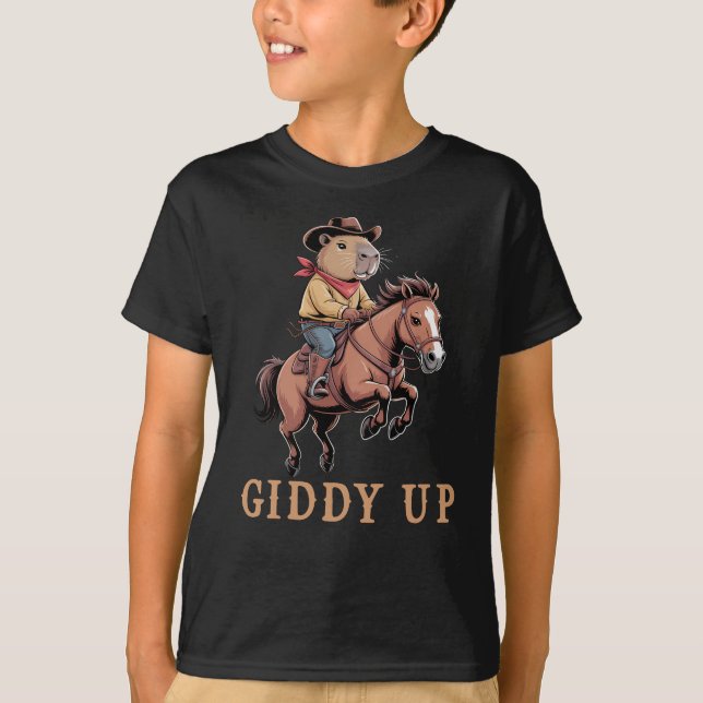 Funny Capybara Cowboy Riding Horse Giddy Up T-Shirt (Front)