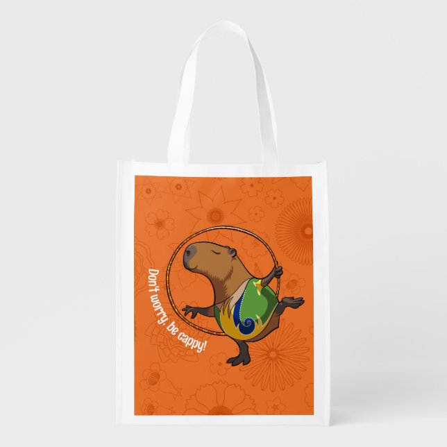 Funny Capybara Don't Worry Be Cappy Cartoon Grocery Bag (Front)