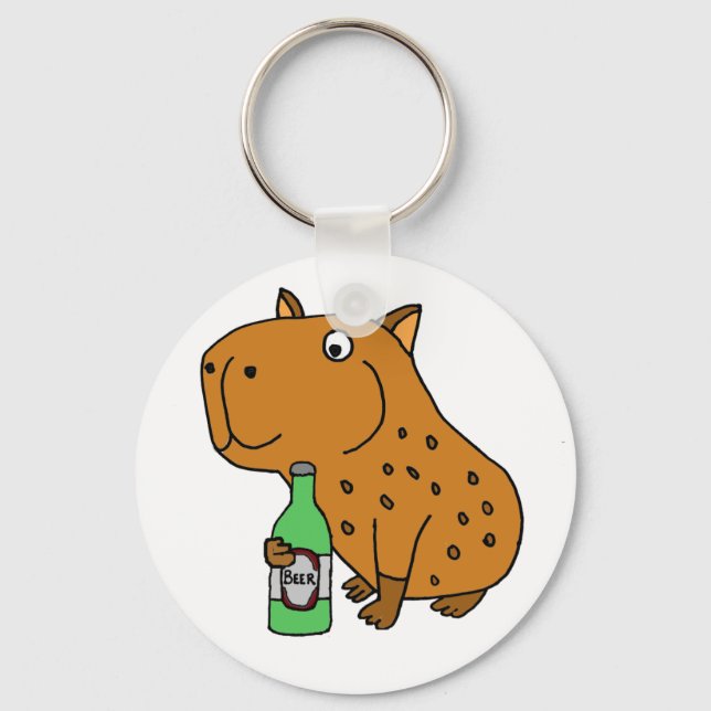 Funny Capybara Drinking Bottle of Beer Keychain (Front)