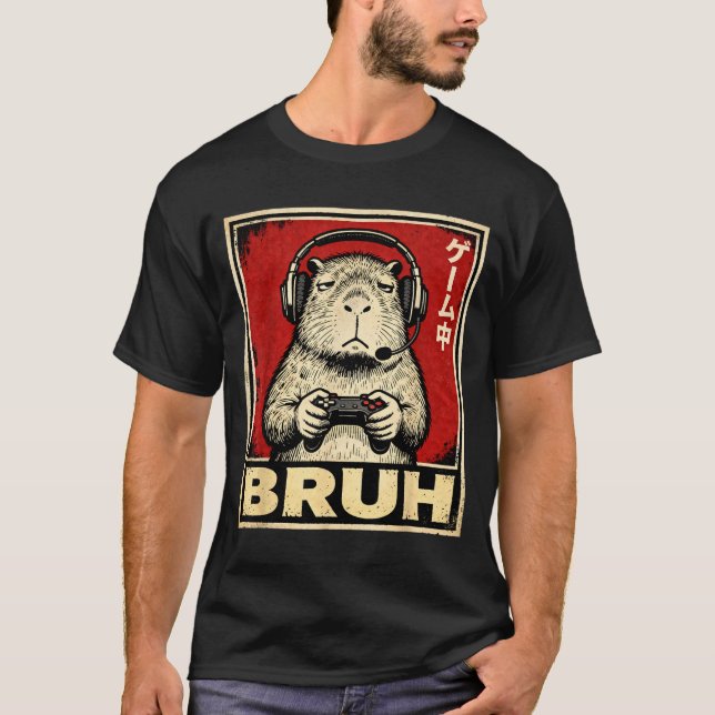 Funny Capybara Gamer Bruh Graphic Tee Men Boys Tee (Front)