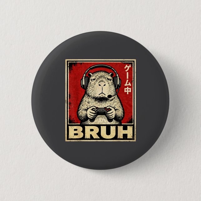 Funny Capybara Gamer Bruh Graphic Tee Men Boys Tee Button (Front)