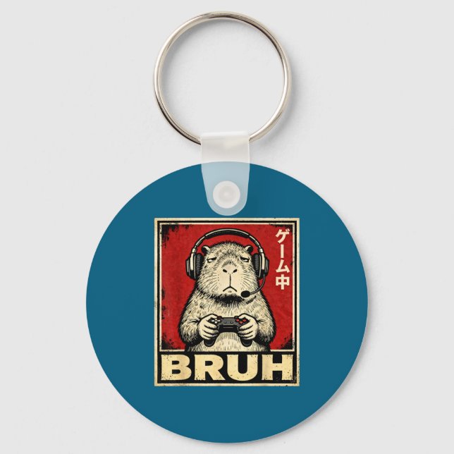 Funny Capybara Gamer Bruh Graphic Tee Men Boys Tee Keychain (Front)