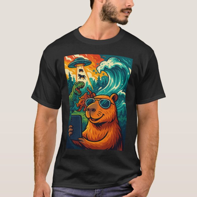 Funny Capybara Meme Selfie Cartoon T-Shirt (Front)