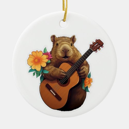 Funny Capybara Playing Guitar Hippie Ceramic Ornament