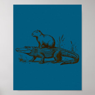 Funny Capybara Riding An Alligator Men Women Capyb Poster