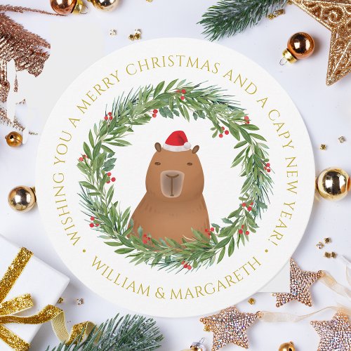 Funny Capybara Santa Pun Round Gold Christmas Card