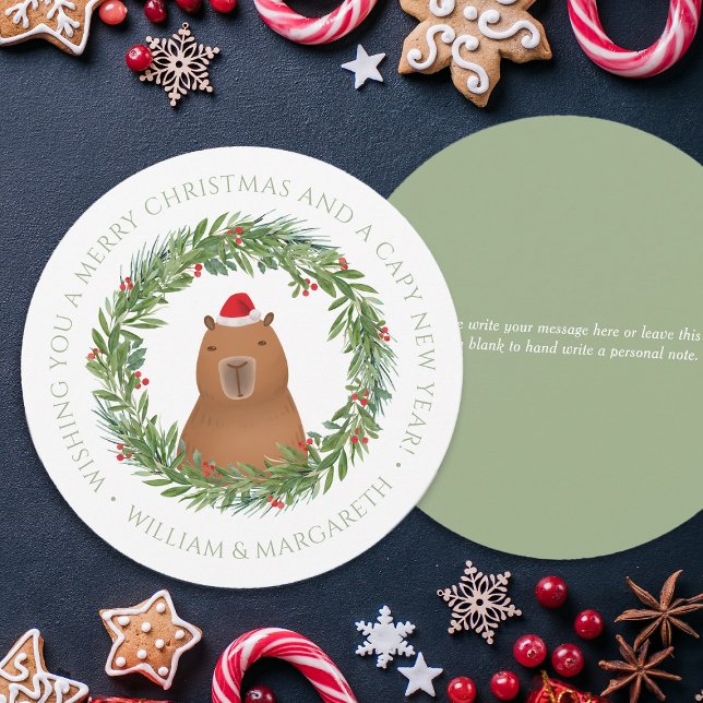 Funny Capybara Santa Pun Sage Round Christmas Card (Spread holiday fun with our festive capybara Christmas Card!)