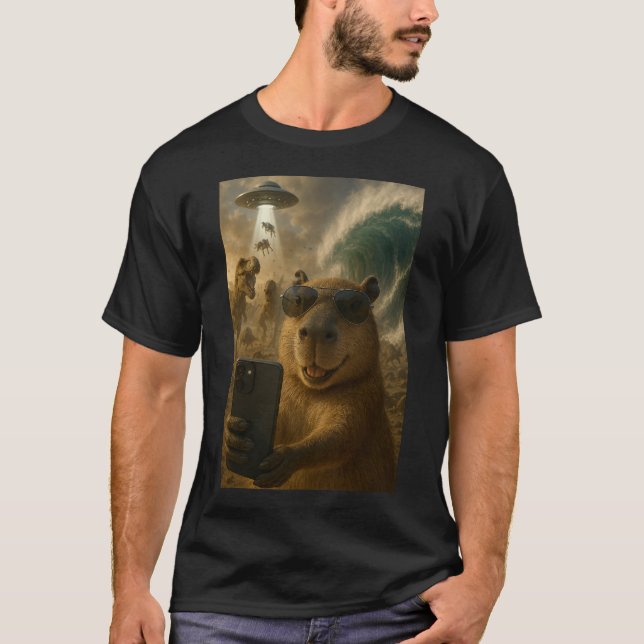 Funny Capybara Selfie Meme with Dinosaurs T-Shirt (Front)