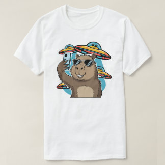 Funny Capybara Selfie with UFO Alien Spaceship T-S T-Shirt