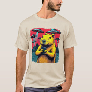 Funny Capybara Selfie with UFOs T-Shirt - Weird &