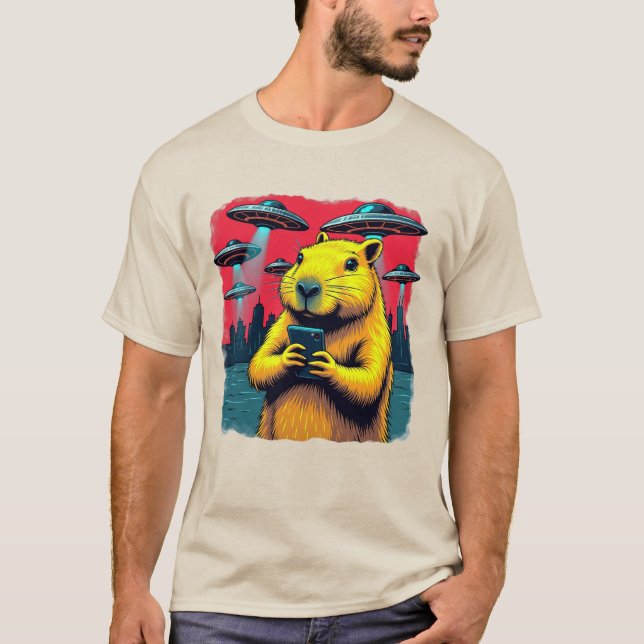 Funny Capybara Selfie with UFOs T-Shirt - Weird &  (Front)
