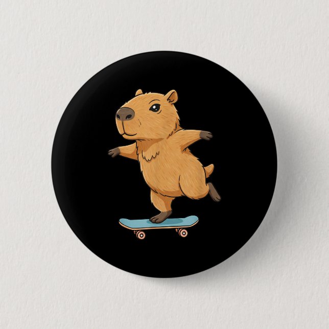 Funny Capybara Skater Skateboard Ballerina Zoo Boy Button (Front)
