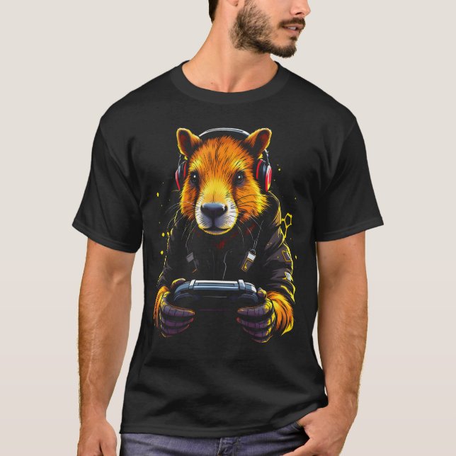 Funny Capybara Tee Gamepad Headphones Video Games  (Front)