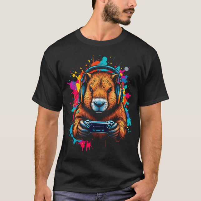 Funny Capybara Tee Gamepad Headphones Video Games  (Front)