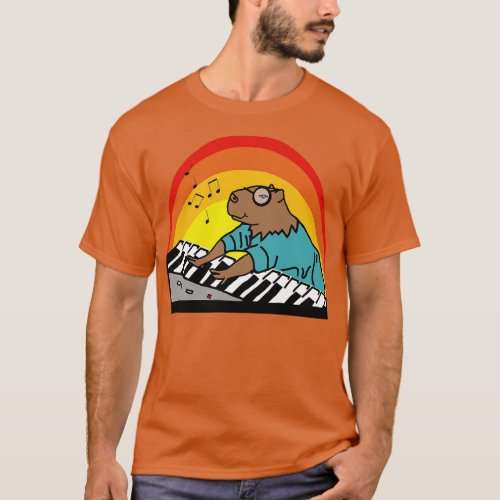 Funny Capybara Wearing Glasses Playing Piano Music T_Shirt