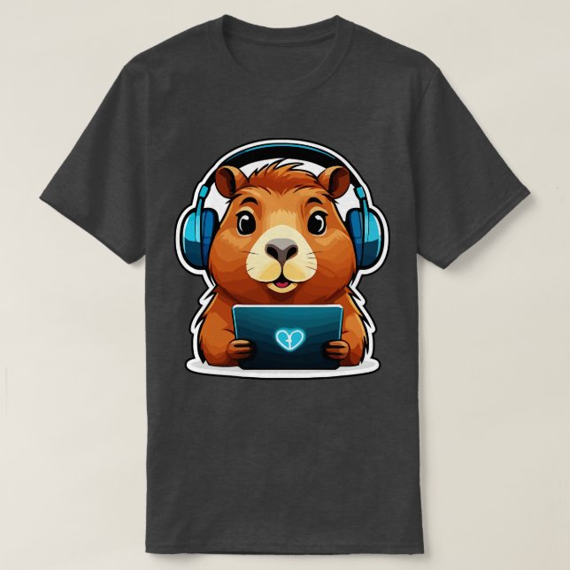 Funny Capybara with Computer T-Shirt (Design Front)