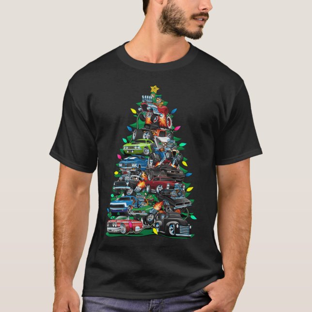 Funny Car Christmas Tree Clic Muscle Cars Tree Lig T-Shirt (Front)