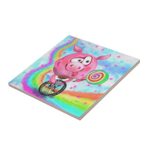 Funny Caramic Tile Circus Acrobat Pig Cyclist