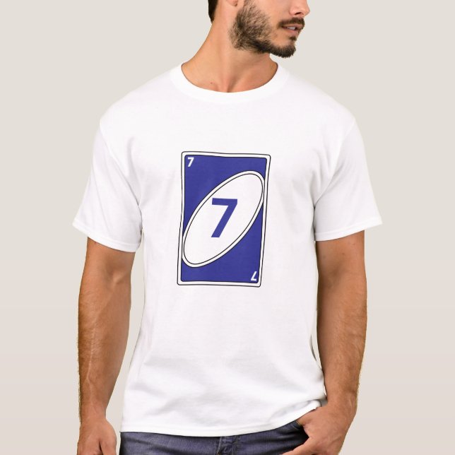 Funny Card Game T-Shirt | Blue Number 7 Card (Front)