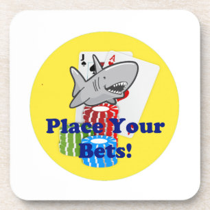 Funny Card Shark Gambling Cartoon with Poker Chips Beverage Coaster