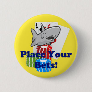 Funny Card Shark Gambling Cartoon with Poker Chips Button