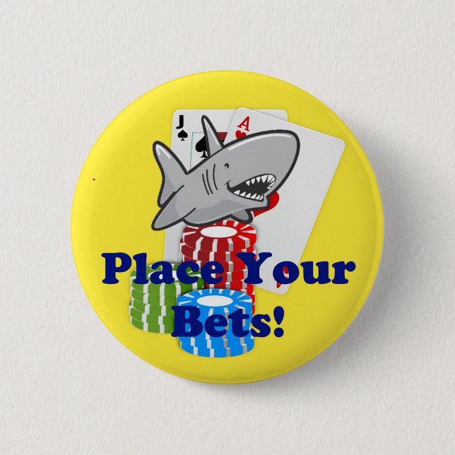 Funny Card Shark Gambling Cartoon with Poker Chips Button (Front)