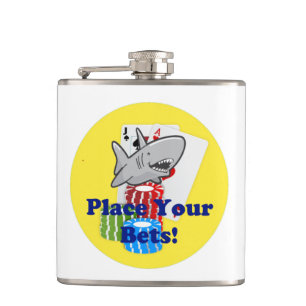 Funny Card Shark Gambling Cartoon with Poker Chips Flask
