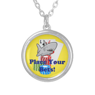Funny Card Shark Gambling Cartoon with Poker Chips Silver Plated Necklace