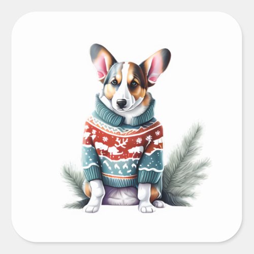 Funny Cardigan Welsh Corgi in Christmas Sweater Square Sticker