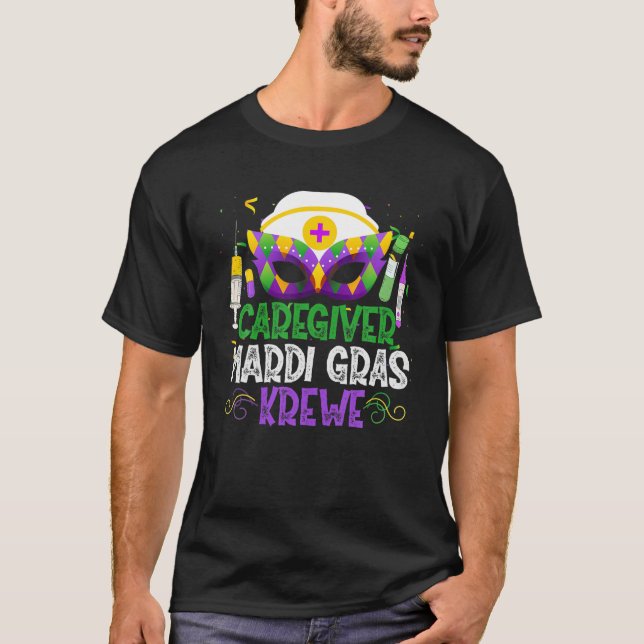 Funny Caregiver Krewe Nurse Masks Mardi Gras Carni T-Shirt (Front)