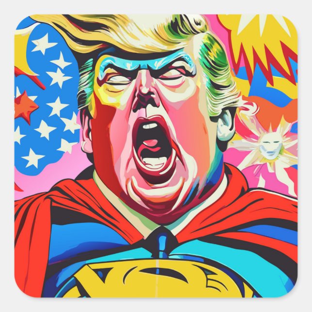 Funny Caricature Superhero Donald Trump Portrait Square Sticker (Front)