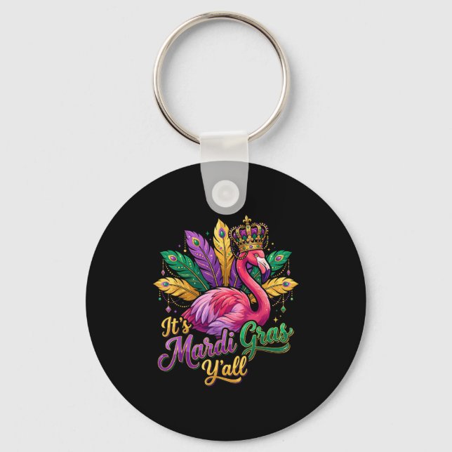 Funny Carnival Party Gift Idea Flamingo Mardi Gras Keychain (Front)