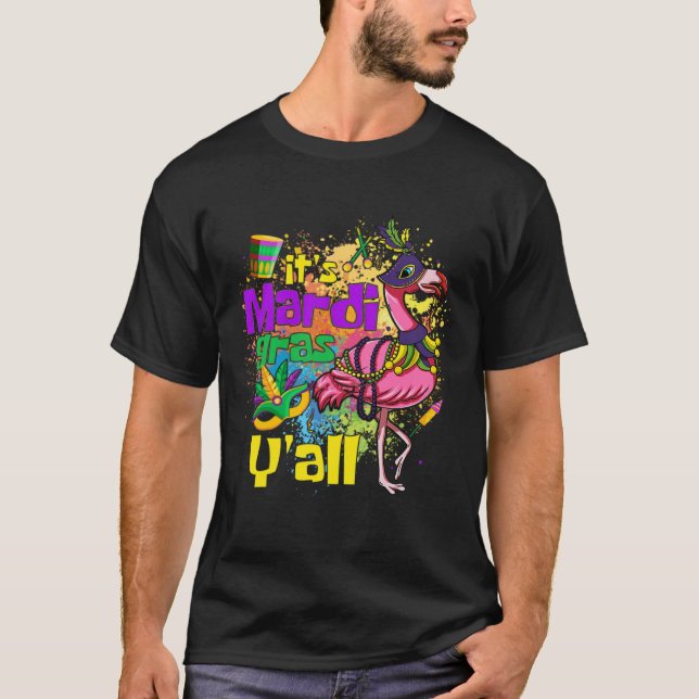 Funny Carnival Party Gift Idea Flamingo Mardi Gras T-Shirt (Front)