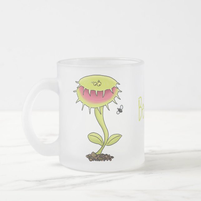 Funny carnivorous Venus fly trap plant cartoon Frosted Glass Coffee Mug (Left)