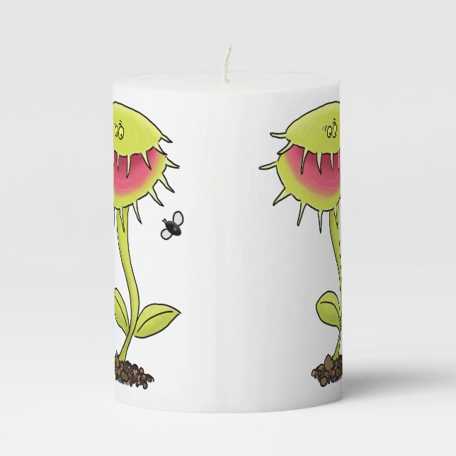 Funny carnivorous Venus fly trap plant cartoon Pillar Candle (Back)