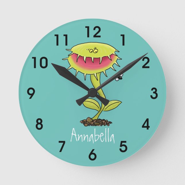 Funny carnivorous Venus fly trap plant cartoon Round Clock (Front)