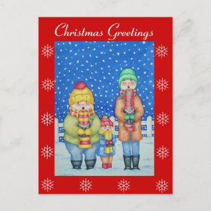 funny carol singers in the snow at christmas holiday postcard