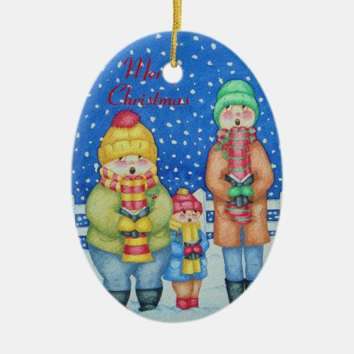 funny carol singers in the snow christmas design ceramic ornament