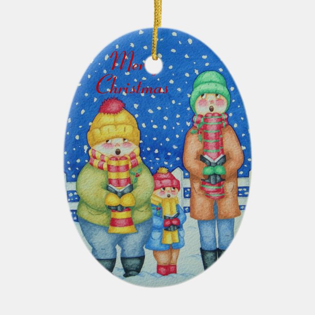 funny carol singers in the snow christmas design ceramic ornament (Front)