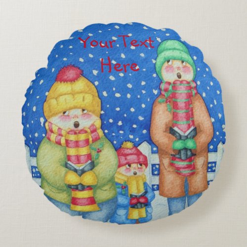 funny carol singers snow scene at christmas round pillow