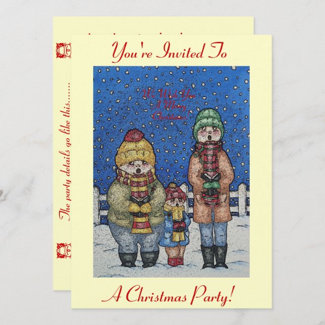 funny carol singers snow scene for christmas invitation (Front/Back)