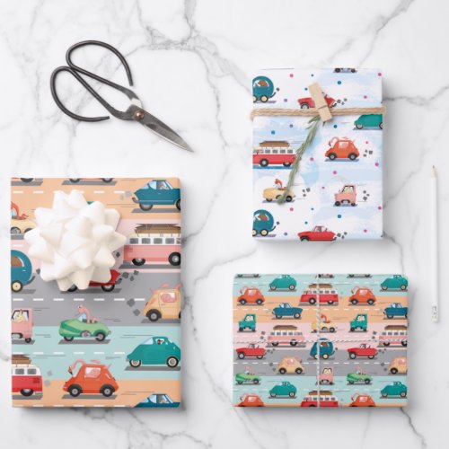 Funny cars pattern with animals driving wrapping paper sheets