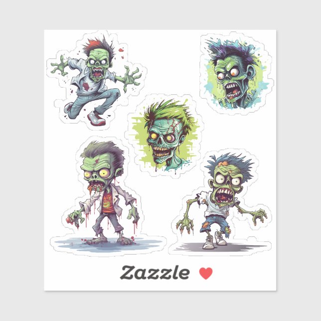 Funny Cartoon 5 Crazy Zombie  Sticker (Sheet)
