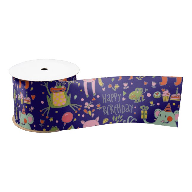Funny Cartoon Animals Sing Happy Birthday  Satin Ribbon (Spool)